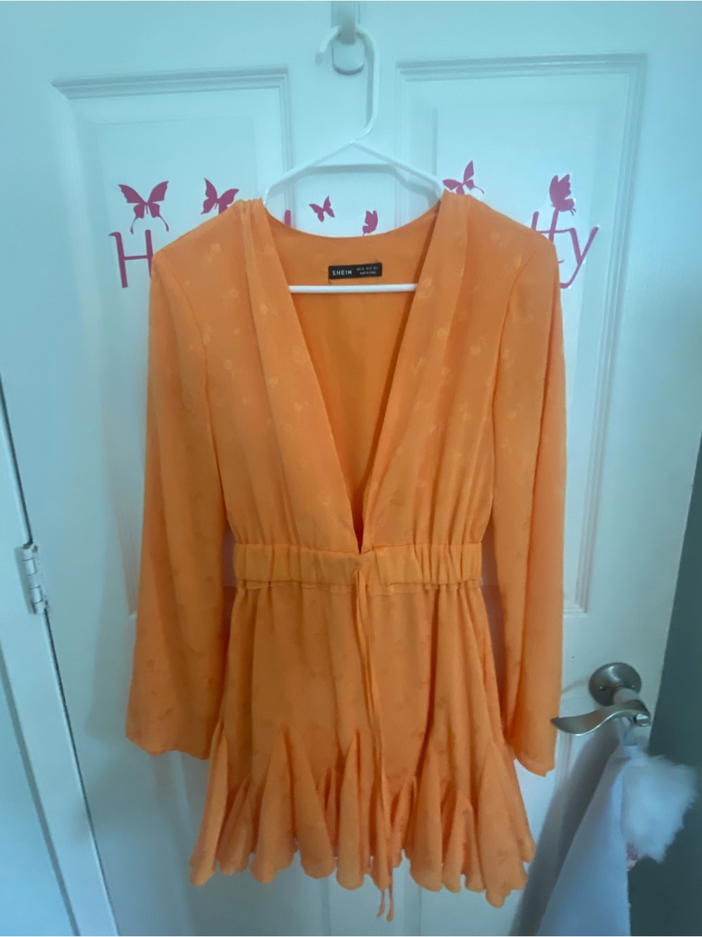 SHEIN Bright Orange V-Neck Long Sleeve Mini Dress